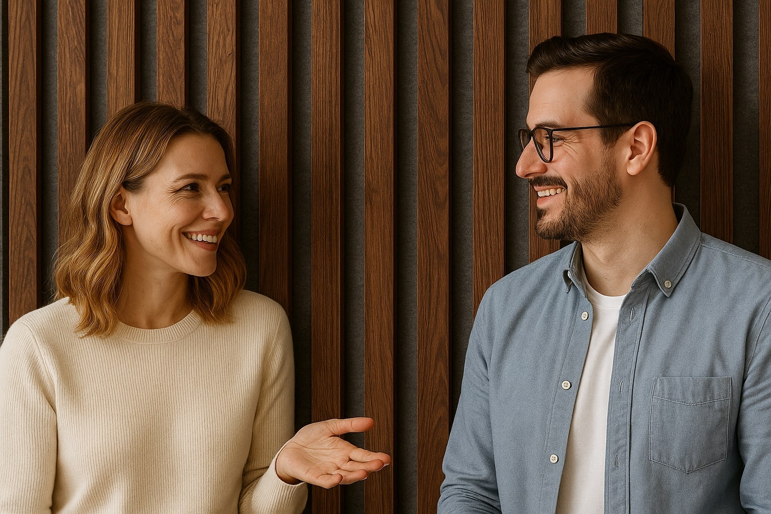 Personen im Gespraech im Hintergrund Akustikpaneele Walnuss