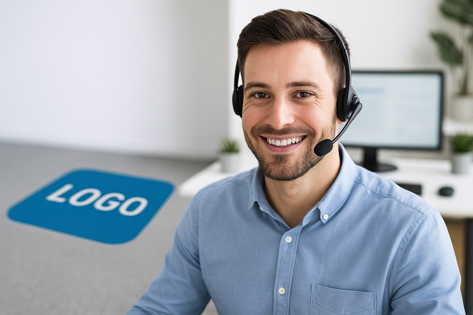 Bodenaufkleber Freundlicher Servicemitarbeiter am Telefon